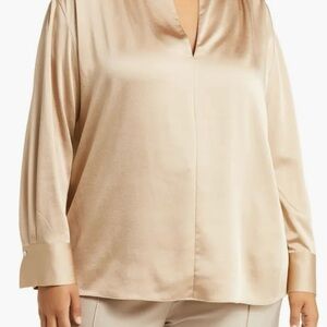 Vince NWT NEW Smocked Shoulder Long Sleeve Satin Blouse Tan Pale Nut Size 2X
